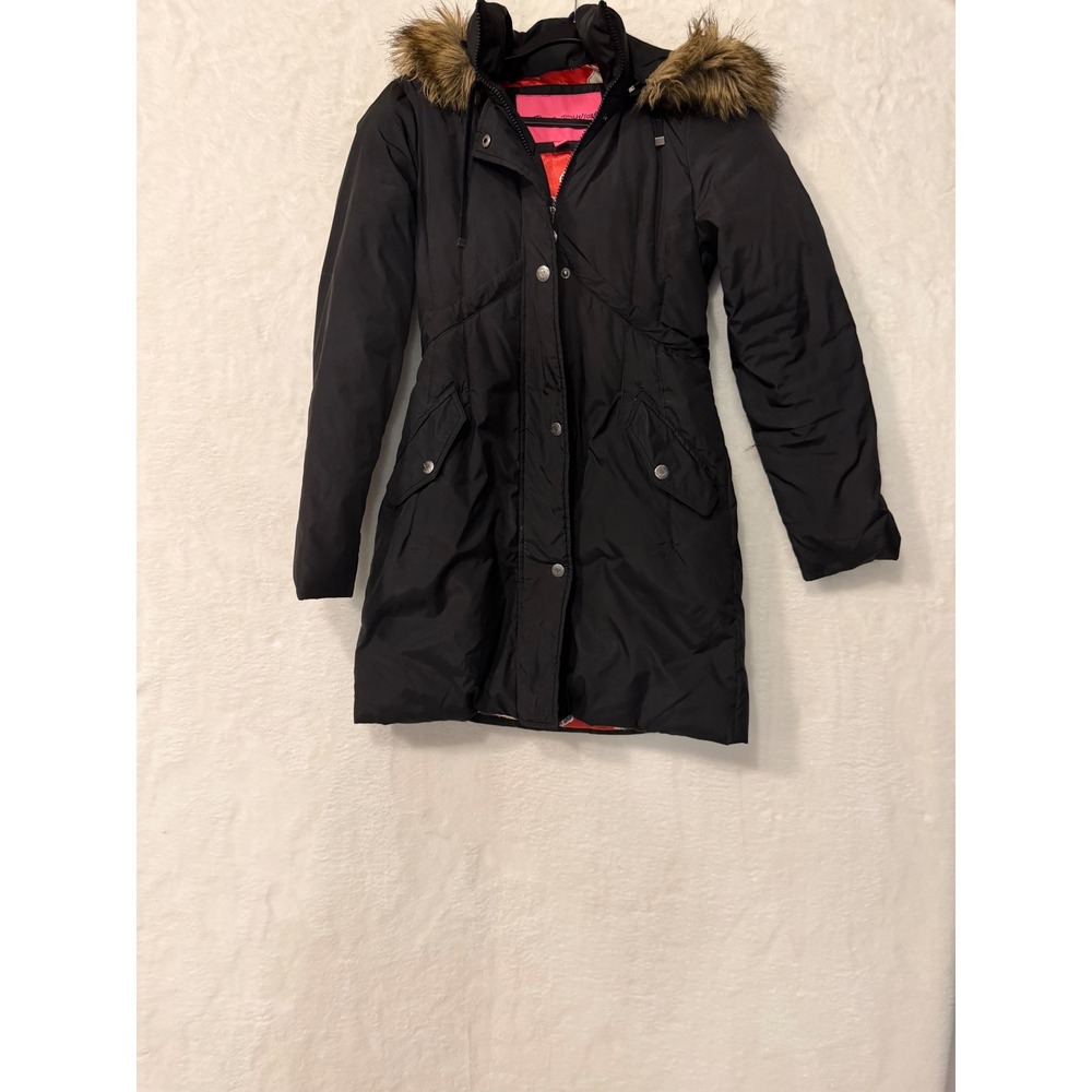 Betsey‎ Johnson Black Puffer Parka Faux Fur Hood Pin Up Girl Lining XS